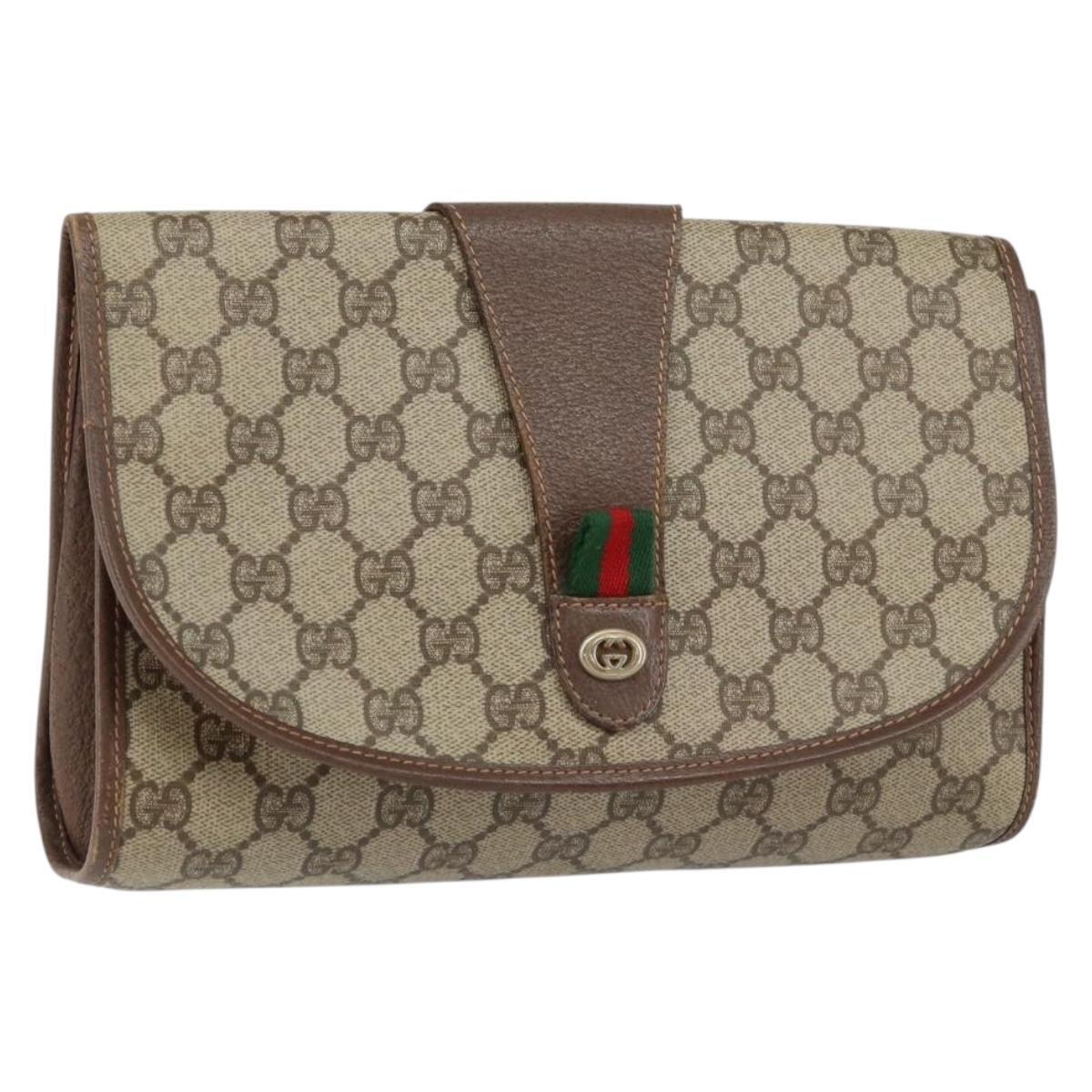 Gucci Gg Supreme Web Sherry Line Clutch Bag Pvc Red Beige Auth 154661